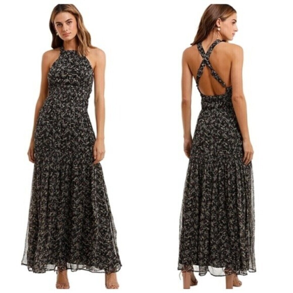 Magali Pascal Augustine Maxi Dress Size Small‎ Black Floral Lurex Halter Tiered